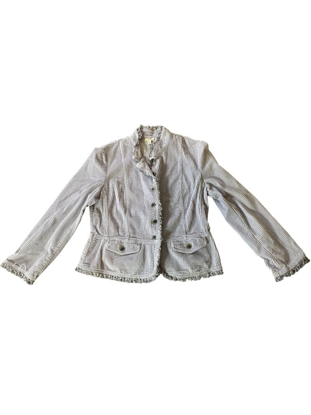J. Jill Womens Gray Striped Corduroy Button-Down Jacket Ruffle Trim Medium